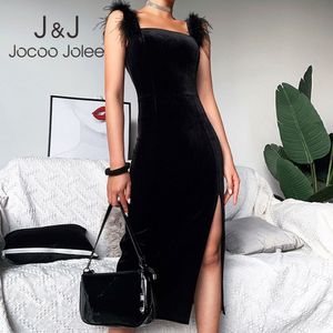 JOCOO JOLEE SEXY SQUARE Neck Split Knä-längd Klänning Kvinnor Elegant Ärmlös Velvet Bodycon Klänning Chic Party Club Dress Outfits 210518