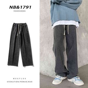 2022 Spring New Streetwear Baggy Jeans Men Korean Fashion Elastic Midja L￶st rakben Denim Wide-ben Pants Male Black 0309