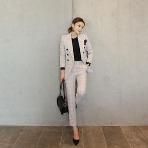 Panie Biurowe 2 Dwa kawałki Zestawy Plaid Pojedynczy Kurtka Przycisk Blazer + Slim Spodnie Garnitury Wear Moda Stroje Femininas Damskie Dresy