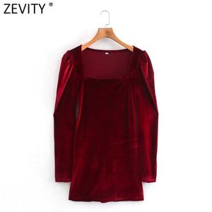 Zevity Women Vintage Square Collar Pleats Puff Sleeve Slim Mini Dress Femme Chic Velvet Party Vestido Casual Clothing DS4923 210603