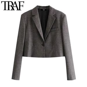 Mulheres moda cortada cheque blazer casaco vintage manga comprida com almofadas de ombro outerwear feminino tops chique 210507