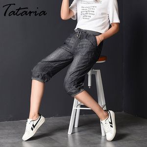 Tataria Plus Size Loose Jeans High Waisted Mom for Women Knee- Length Denim Shorts Black Lace Up Casual Harem Pants 210514