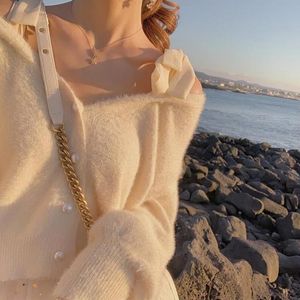 Women's Knits & Tees Fall Women Knitted Sweaters Sexy Straps Off Shoulder Buttons Up Short Fuzzy Sweater Sweet V Neck White Mink Mohair Card