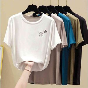 WWENN Short Sleeve T-shirts Women Summer Modal Cotton Embroidery Five Star Casual Tees Shirt Femme Tops Female Basic Tshirts 210507