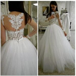 Vestidos de casamento lindos de renda apliques vestido de noiva mangas compridas tule trem de varredura feito sob encomenda plus size vestidos de novia espartilho coberto botões de volta