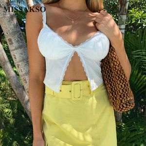 Missakso Seksowne Lato Crop Top Backless Lace Club Moda Deep V Neck Camisole Solid White Party Streetwear Kobiety Tank Top 210625