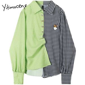 Yitimuceng Platformy Patchwork Bluzka Przycisk Damskie Koszule Luźne Wiosna Koreańskie Ubrania Z Długim Rękawem Collar Collar Topy 210601