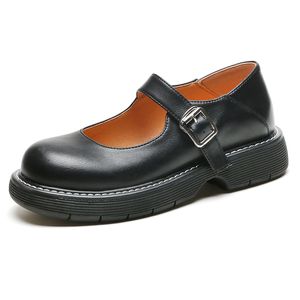 Echtes Leder Vintage Mary Jane Schuhe Mädchen Student Runder Kopf Flacher Mund Dicker Boden JK Uniform Japanischer Rock Party 2139