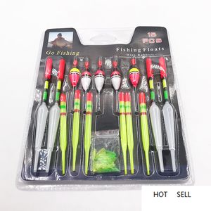 1 SET (15PCS) Vertikal BOOY Sea Fishing Floats Assorterad Storlek för de flesta typen av fiske med bifogade gumminfiske