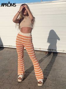 Aprozs Moda Pomarańczowy Paski Crochet Knit Długie Spodnie Kobiety 2021 Lato Wysoka Talia Bell Spodnie Muzyczne Festiwal Festiwal Flary Dna Q0801