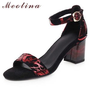 Meotina Shoes Women Ankle Strap High Heel Sandals Buckle Thick Footwear Ladies Summer Fashion Sandals Female Black Large Size 210608