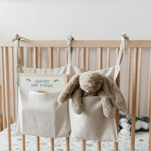 Avtagbar Linne Bedside Storage Bag Baby Bed Sovsal Hängande Bok Toy Diaper Frame Väskor