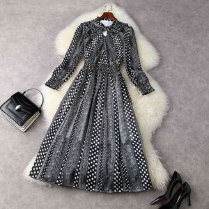 HIGH STREET Fashion Designer Long Sleeve Bow Collar Dot Print Midi Dress 210521