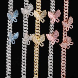Blue Pink Cuban Link Butterfly Choker Necklace Chain Crystal Rhinestone Chokers Necklaces for Women Gold Collar Wholesale 210330