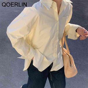 Koreanischer Stil OL Feste weiße Bluse Lose Revers Mittellanges Hemd Langarm Tops Frauen Jacke Rosa 210601