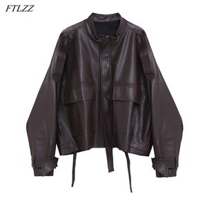 Frühling Frauen Casual Lose Große Tasche Zipper Leder Jacke Biker Punk Schwarz Puff Sleeve Chic Pu Outwear 210430