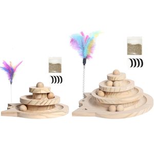 Wooden 2/3 Levels Pet Cat Toy Tower Tracks Disc Intelligence Amusement Triple Play Disc Ball Training Toys 211122