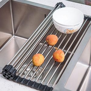 Kök Förvaring Organisation Folding Drain Rack Fold Dish Drainer Bricka Rostfritt Sink Basket Tvätt Vegetabilisk Frukttorkning Nätstål