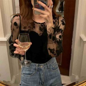 Black mesh sexiga grundläggande smala florals femme bassewear kontor lady retro vintage alla match Streetwear blouses 210525