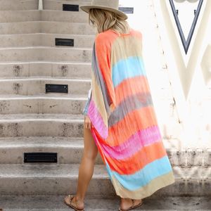 Boho Multicolor Gestreifte Roben Badeanzug Cover-ups Plus Größe Strand Tragen Kimono Kleid Frauen Sommer Badeanzug Cover Up A828 210420
