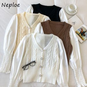 Neploe vネックランタン長袖ニットカーディガンセーター女性ねじれデザインスリム作業スタイルOLプルフェムメスプリングスーツ210510