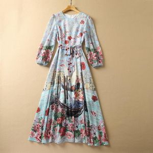 캐주얼 드레스 유럽과 미국 여성 의류 겨울 2022 9 점 소매 꽃 홈 프린팅 세련된 벨트 드레스