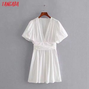 Tangada Summer Women White Tunika Sukienka Puff Krótki Rękaw Damski Mini Sukienka Vestidos 3H506 210609