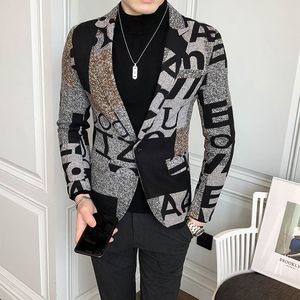 Letter Print Wool Woolen Blazer Men Winter Men Blazers Casual Suit Jacket Slim Party Club Wedding SocialHomme S-5XL