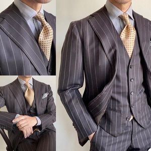 Klasik Şerit Erkek Smokin 3 Parça Zorlu Yaka Damat Iş Düğün Blazer Resmi Balo Parti Bel Coat Suits