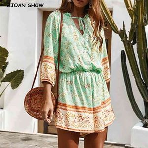 Bohemia Wood ears Lace up V neck Floral print Bodysuits Women 3/4 Sleeve Short Pants Jumpsuits Holiday BOHO Romper Overalls 210429