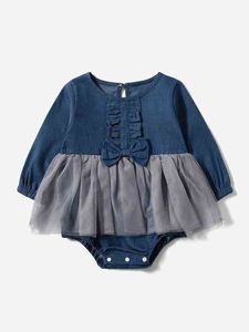 Baby 1pc Contrast Mesh Bow Front Denim Body SHE