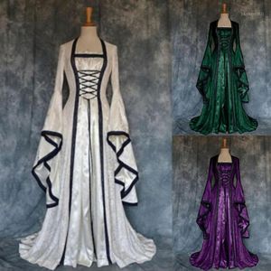 Casual Kleider Cosplay Kleid Flare Sleeve Vintage Bodenlangen Einfarbig Große Manschette Maxi Für Halloween Gaze Medieval Dre