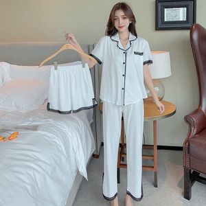 夏3ピースパジャマセット女性韓国の堅い薄いパジャマセット女性の半袖+ショートパンツ+ズボンカジュアル女性の家の服x0526