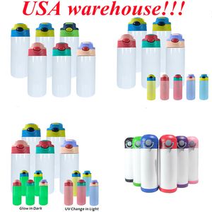 Lokalt lager !! sublimering 12 oz barn vattenflaska rak sippy cup flip cup lock tumbler uv glöd i de mörka tumlarna usa lager