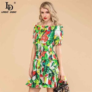 Summer Fashion Runway Cotton Dress Women Slash neck Elastic waist Cactus Floral Print Elegant Mini vestidos 210522