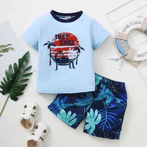 Kids Cotton Clothes Summer Boy Cartoon T-shirt + Leaf Shorts Beach Holiday Style Printing Children's Set 210515