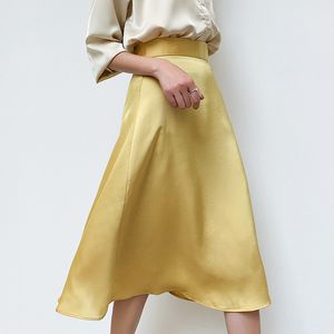 Korean Silk Skirts Women Elegant Office Lady Satin Woman High Waist Yellow Faldas Mujer Moda Solid 210427