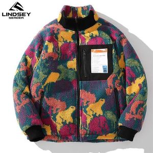 Lindsey Seader Hip Hop Reversible Jacka Parka Färgrik Camouflage Streetwear Men Harajuku Lambull Fleece Vinterrock 211129