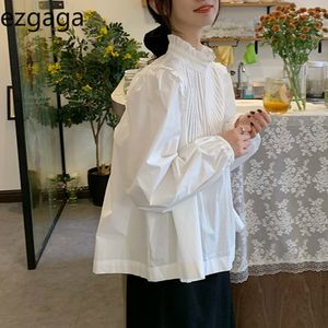 Ezgaga Bluzka Kobiety Koreański Słodki Zima Wiosna Nowa Moda Biały Przycisk Ruffles Chic Ruched Eleganckie Koszule Piękna Dziewczyna 210430