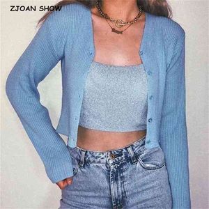 Luz chique Luz azul linha fina de confecção de malhas cardigan mulheres v pescoço único-breasted botão camisola manga longa luminária curta protetor solar 210429