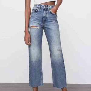 ZA women Ripped straight Leg Jeans Washed full length High waist Mom denim pants pocket Hole Wide-legged Trousers Ladies 211129