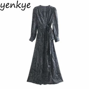 Vintage Print Pareo Style Long Maxi Dress Women Sexy Cross V Neck Sleeve With Belt Wrap Casual Autumn vestido 210514