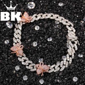 Il braccialetto cubano da 9 mm con farfalla da 9 pollici alla caviglia Mini Pink Cz Punk Miami Link Bling gioielli Hip Hop per regalo 211124