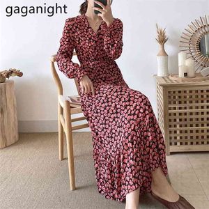 Frauen Chiffon Langes Kleid Floral Bedruckte Schmetterlingshülse Maxi Vestidos Frühling Herbst Vintage V-ausschnitt Plissee Kleider 210601