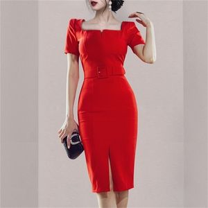 夏の気質エレガントな女性広場の襟半袖シースドレスボディコンファッションオフィスOL赤鉛筆210519