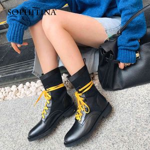 Sophitina kadın ayak bileği çizmeler kontrast sarı ve yeşil lace up elastik kayma-üzerinde yuvarlak ayak ordu bootie moda kadın ayakkabı PO732 210513