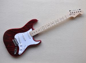 Vermelho 6 cordas guitarra elétrica com folheado de madeira de zebra, pickups SSS, maple fretboard, pode ser personalizado