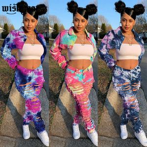 Tie Dye Imprimir Jeans Two Piece Set 2020 New Women Turn Down Collar Revestimento curto do revestimento + afligido Ripped Denim Calças Ternos Casual Y0625