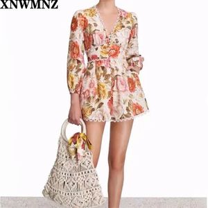 Wysokiej jakości Kombinezon / Boho Kobiety Mini Pajacyki Floral Print Vestidos Koronki Patchwork Sashes Panie Krótkie sukienki Kobiet 210520