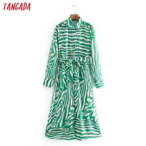 Tangadaファッション女性グリーンストライプシャツドレス到着長袖レディーススラッシュMidi Dress Vestidos XN34 210609